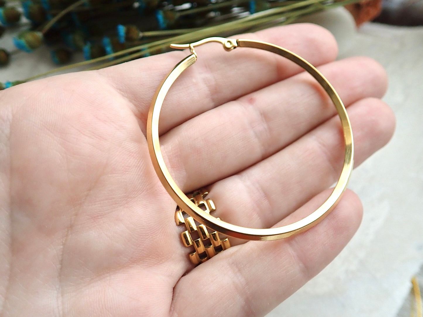18K Gold No Tarnish Large Bevelled Hoop Earrings - PVD Stainless Steel Waterproof Jewelry, Perfect Everyday Hoops