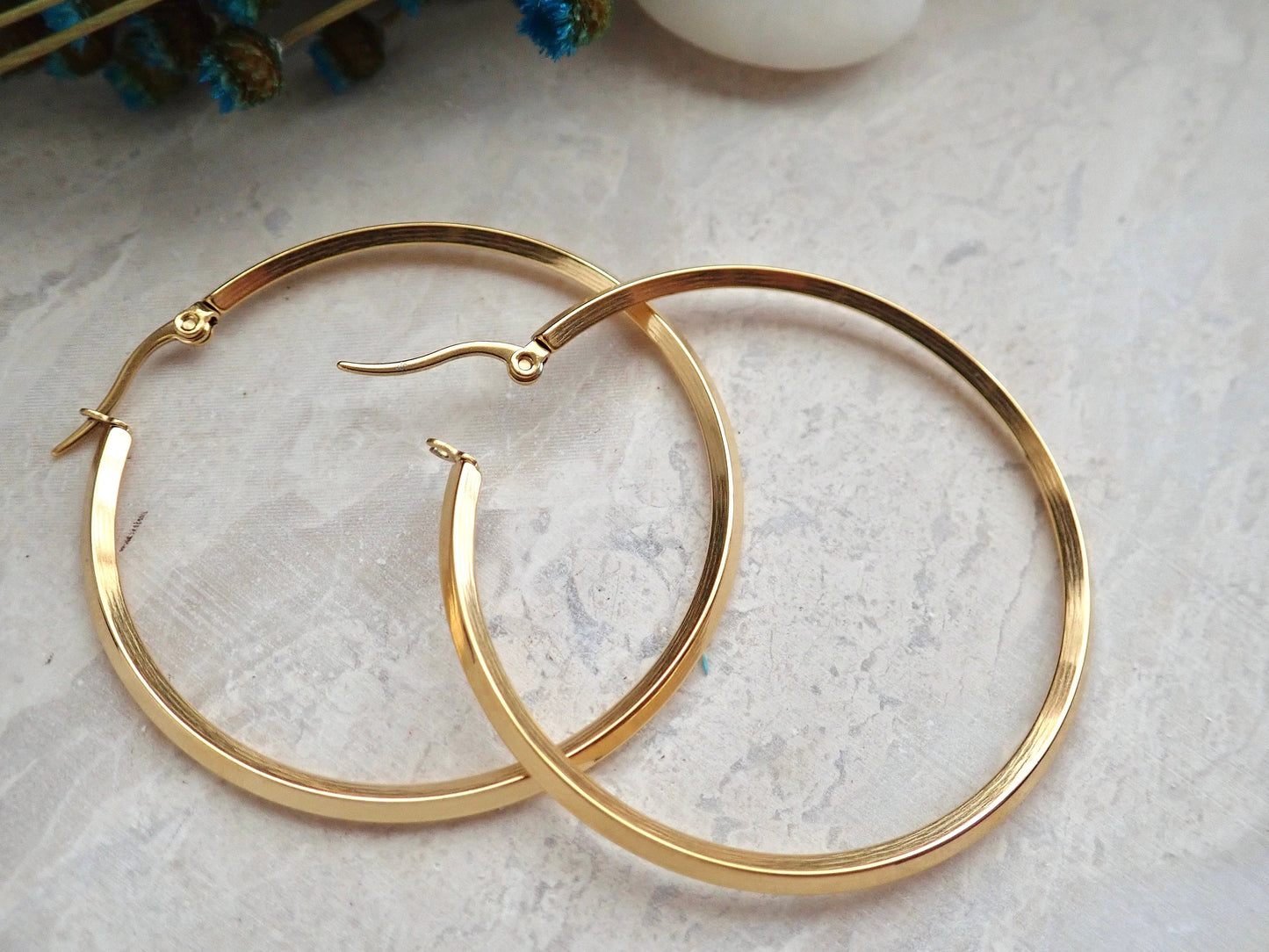 18K Gold No Tarnish Large Bevelled Hoop Earrings - PVD Stainless Steel Waterproof Jewelry, Perfect Everyday Hoops