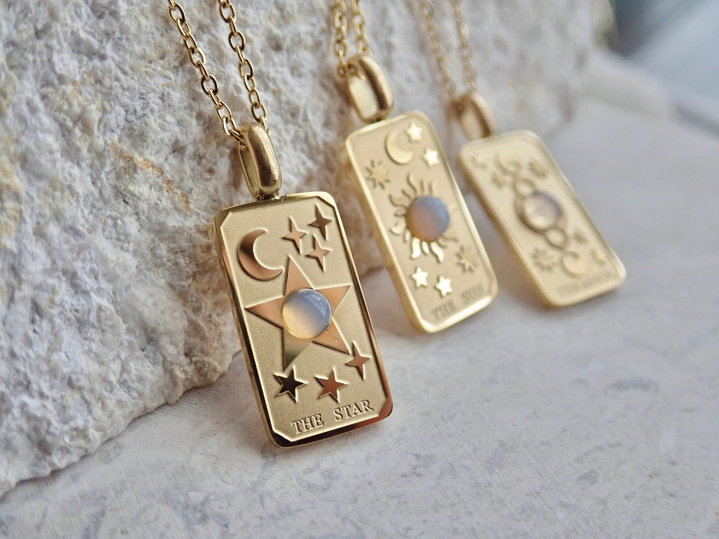 Waterproof Tarot Card Necklace – 18k Gold Fill with Opal Accent, Choose Sun, Moon, or World Pendant