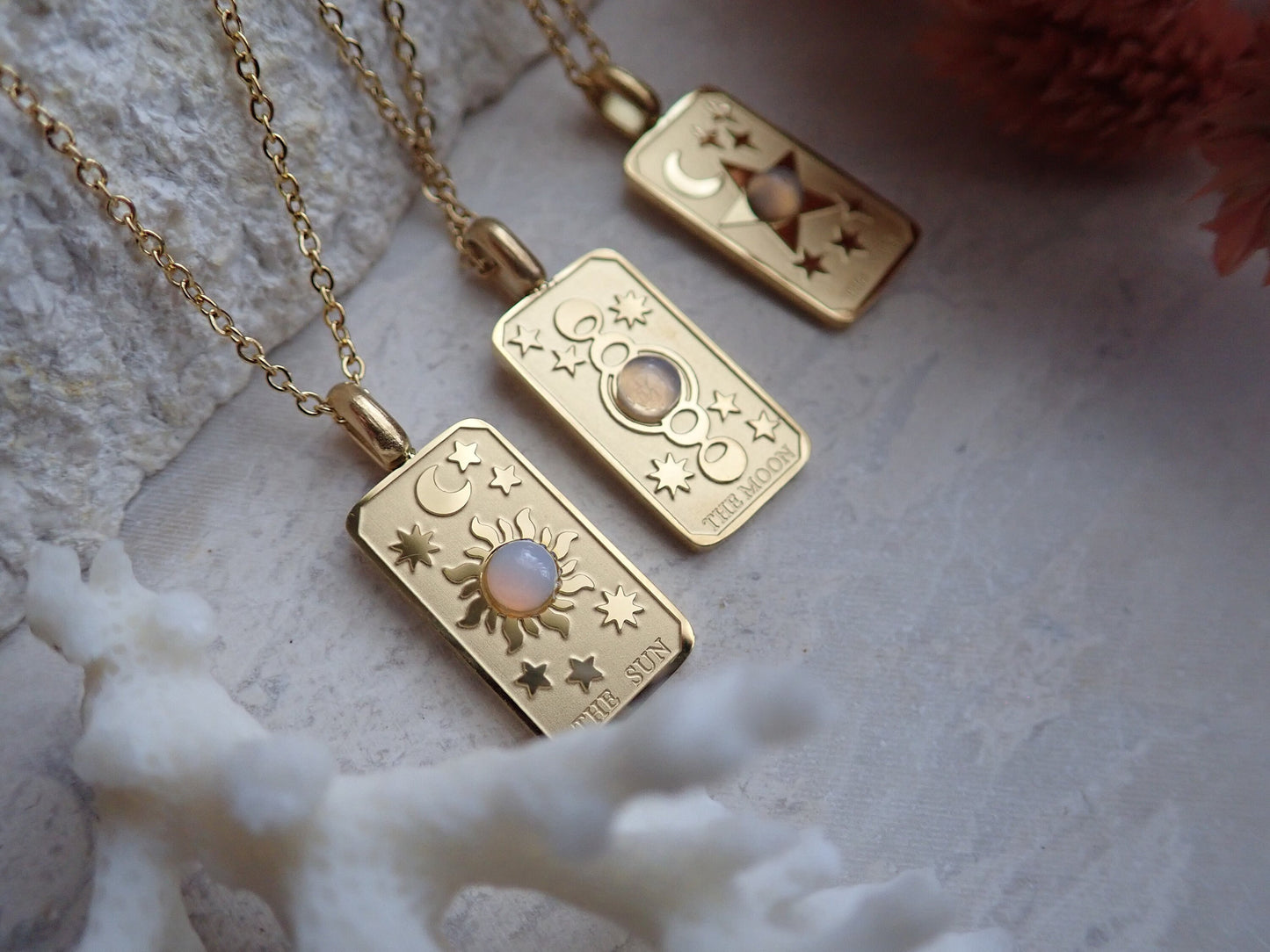 Waterproof Tarot Card Necklace – 18k Gold Fill with Opal Accent, Choose Sun, Moon, or World Pendant