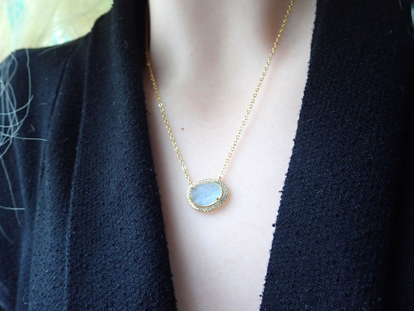 Aquamarine Pendant Necklace with Pave Crystal Setting – Elegant Gold or Silver March Birthstone Jewelry