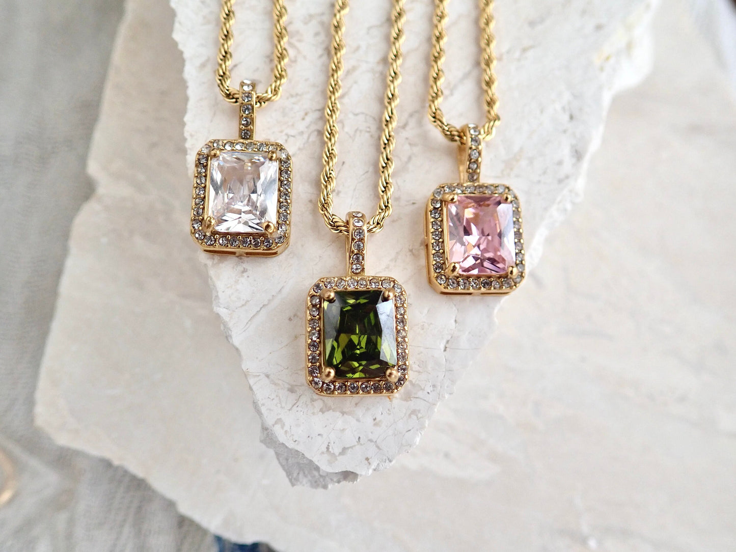 Waterproof Zircon Emerald Cut Gemstone Necklace – 18k Gold Filled Pavé Pendant on Chunky Rope Chain – Tarnish-Free Jewelry in Pink, Olivine, or Diamond