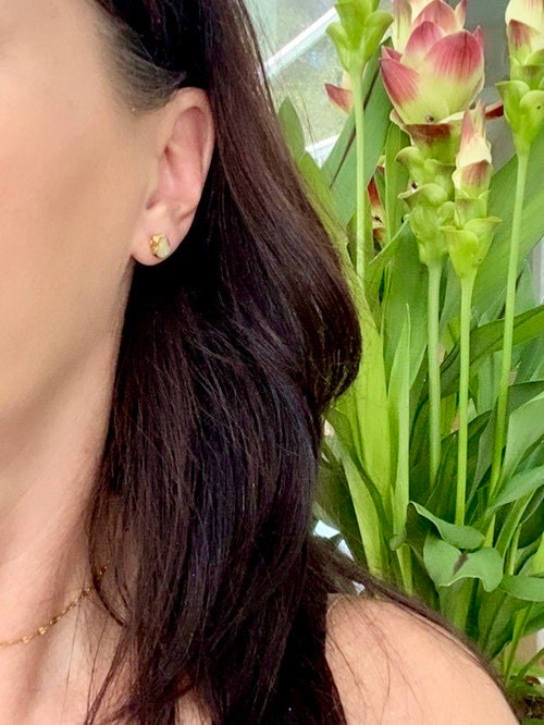 Raw Fire Opal Stud Earrings – 14k Gold Electroplated Sterling Silver – Genuine October Birthstone – Hypoallergenic Gold Posts – Handmade Gift for Her