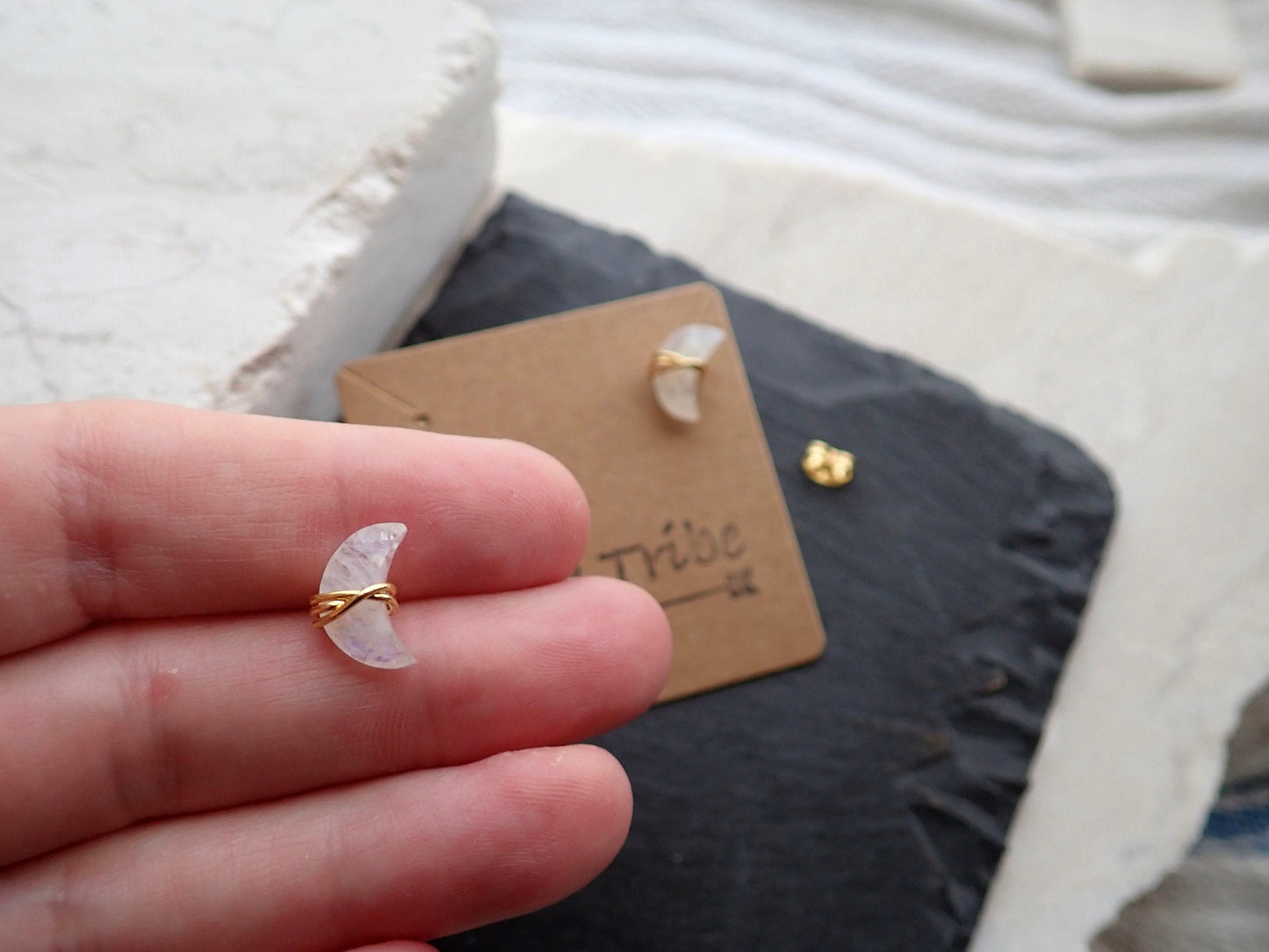 Moonstone Stud Earrings, Crescent Moon Post Earrings, Wire Wrap Gemstone Earrings,June Birthstone Gift, Moonstone Jewelry,Wire Wrap Crystal