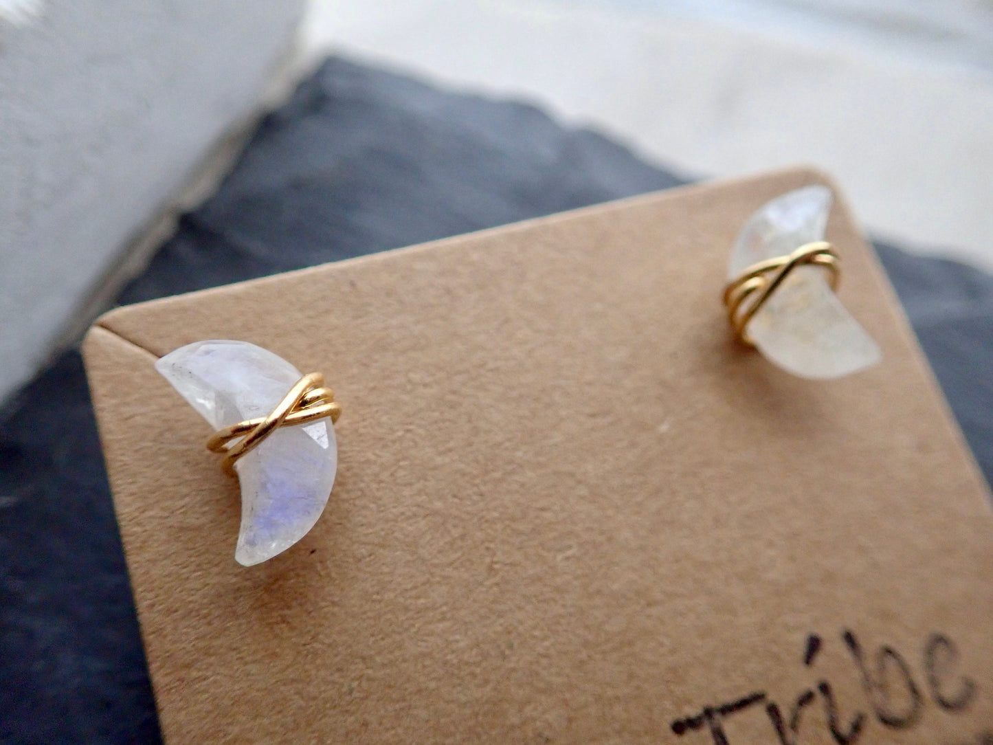 Moonstone Stud Earrings, Crescent Moon Post Earrings, Wire Wrap Gemstone Earrings,June Birthstone Gift, Moonstone Jewelry,Wire Wrap Crystal