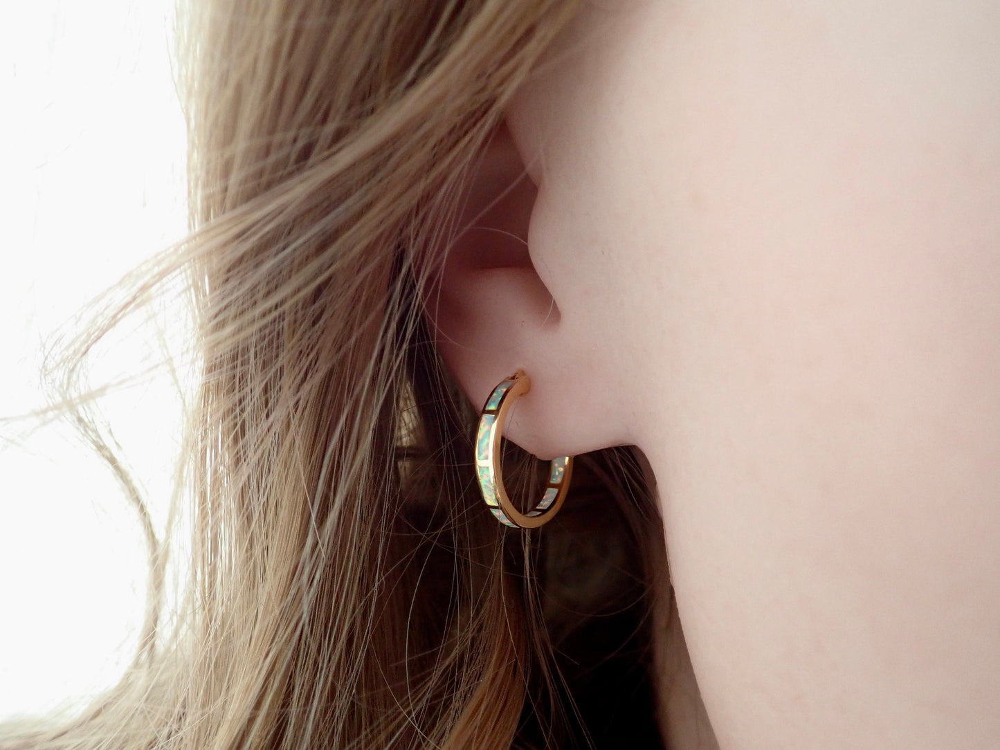Luxury Opal Inlay Gold Hoop Earrings • 14K Gold Plated Medium Hoops • Elegant Birthstone Jewelry • Dainty October Gift • Fine Minimalist Earrings