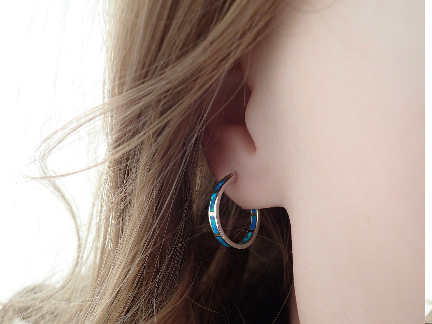 Silver Opal Hoop Earrings Inlaid with Blue Opal - Medium Gemstone Hoops - October Birthstone Gift