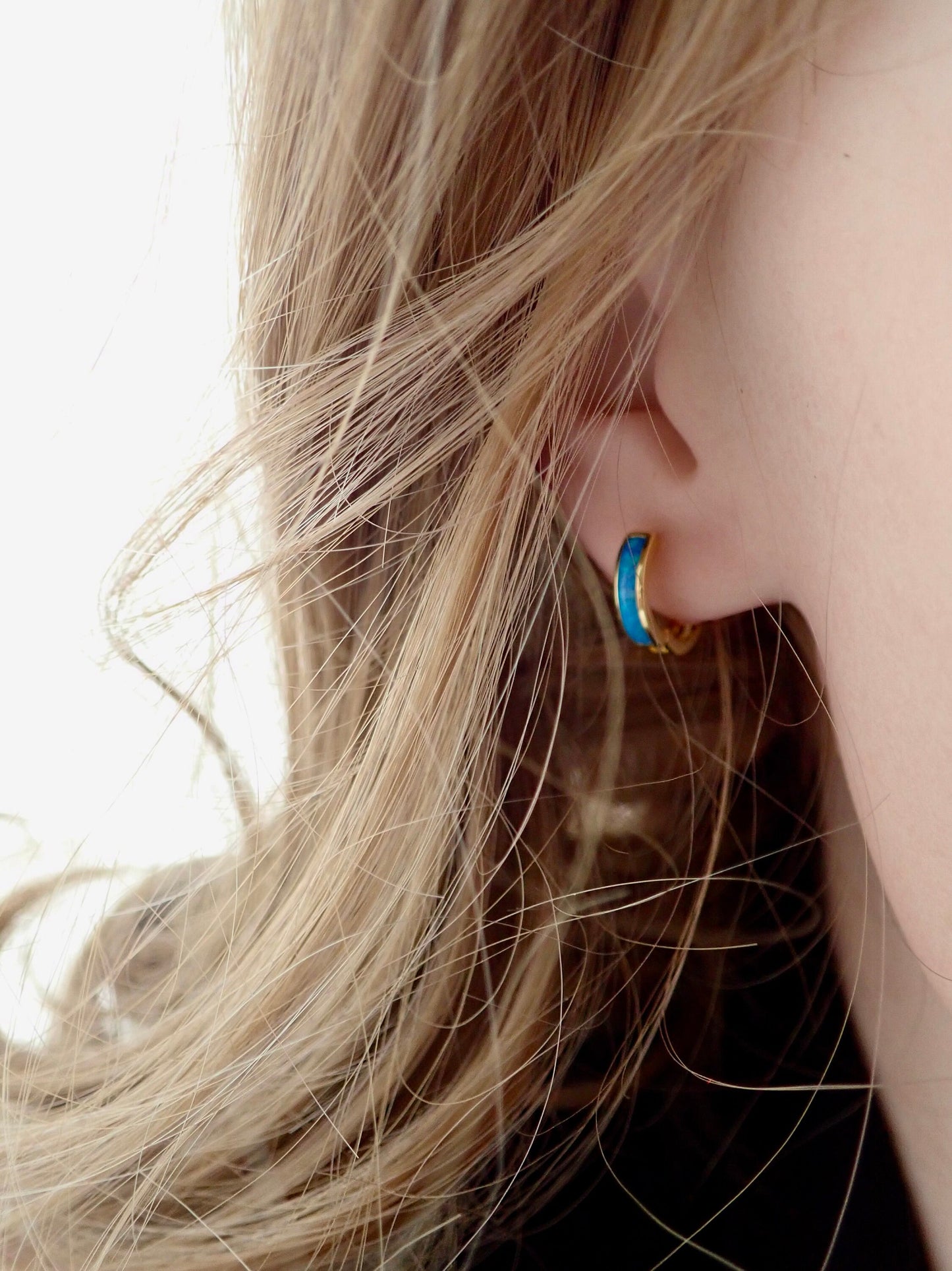 Opal Inlay Huggie Hoops - Blue or White Opal Earrings - Gold Gemstone Hoops