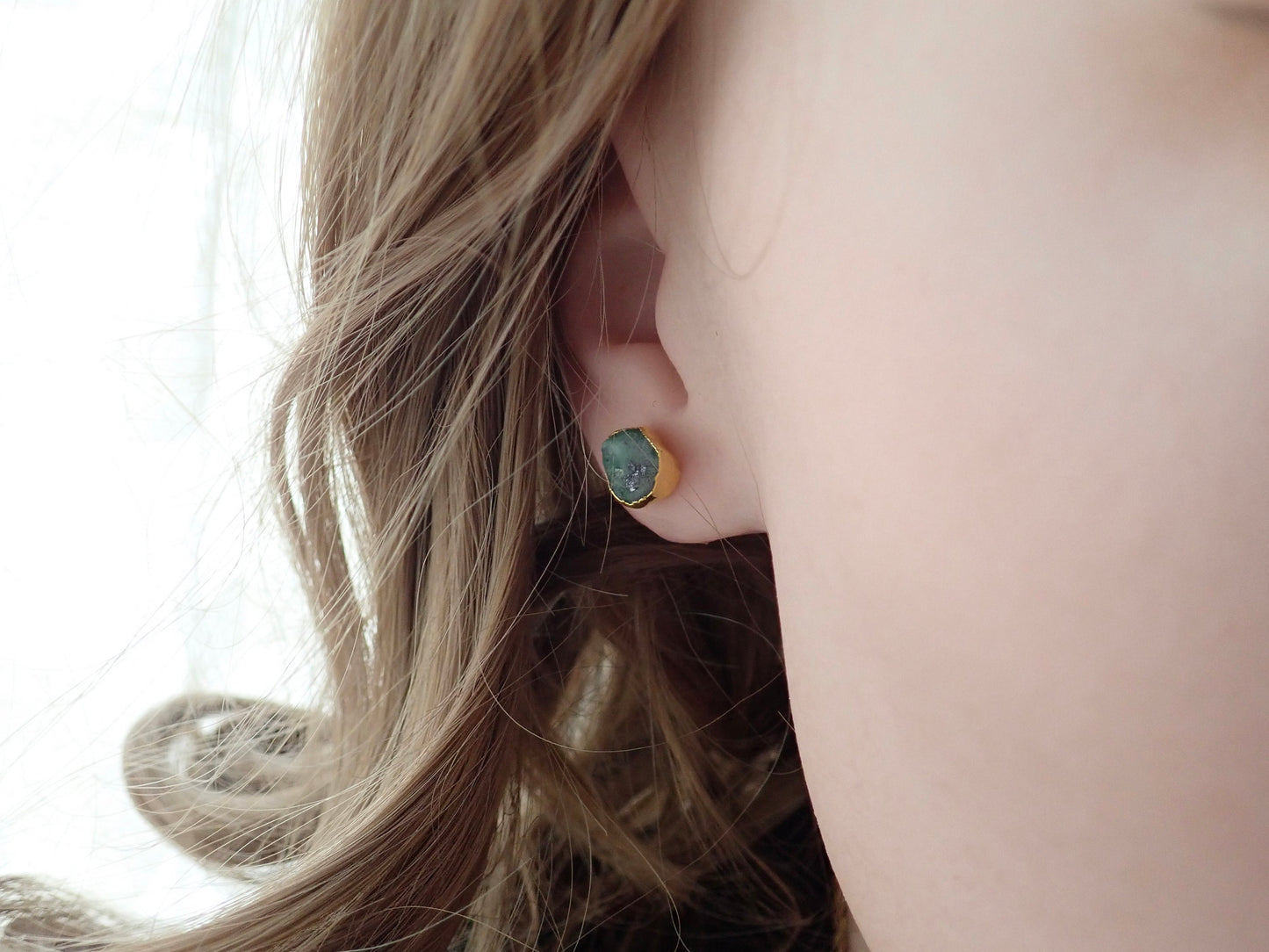 Raw Emerald Stud Earrings Electroplated in 14k Gold - NaturalGemstone Jewelry - May Birthstone Gift