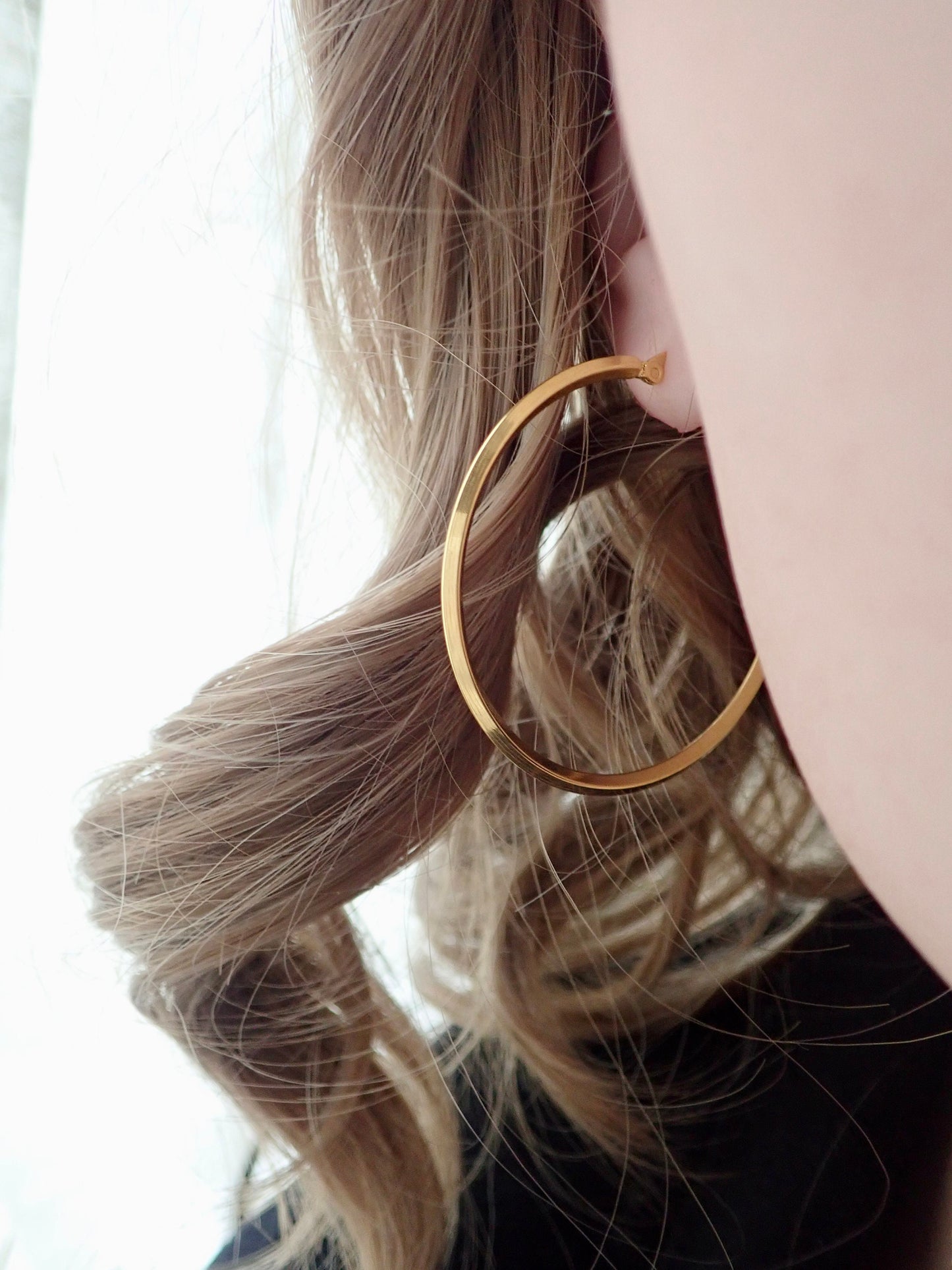 18K Gold No Tarnish Large Bevelled Hoop Earrings - PVD Stainless Steel Waterproof Jewelry, Perfect Everyday Hoops