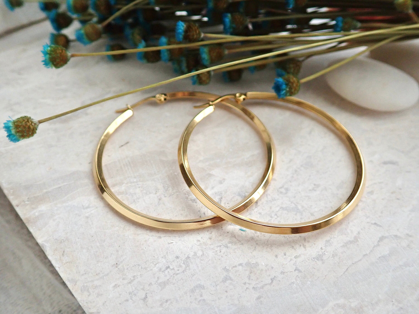 18K Gold No Tarnish Large Bevelled Hoop Earrings - PVD Stainless Steel Waterproof Jewelry, Perfect Everyday Hoops