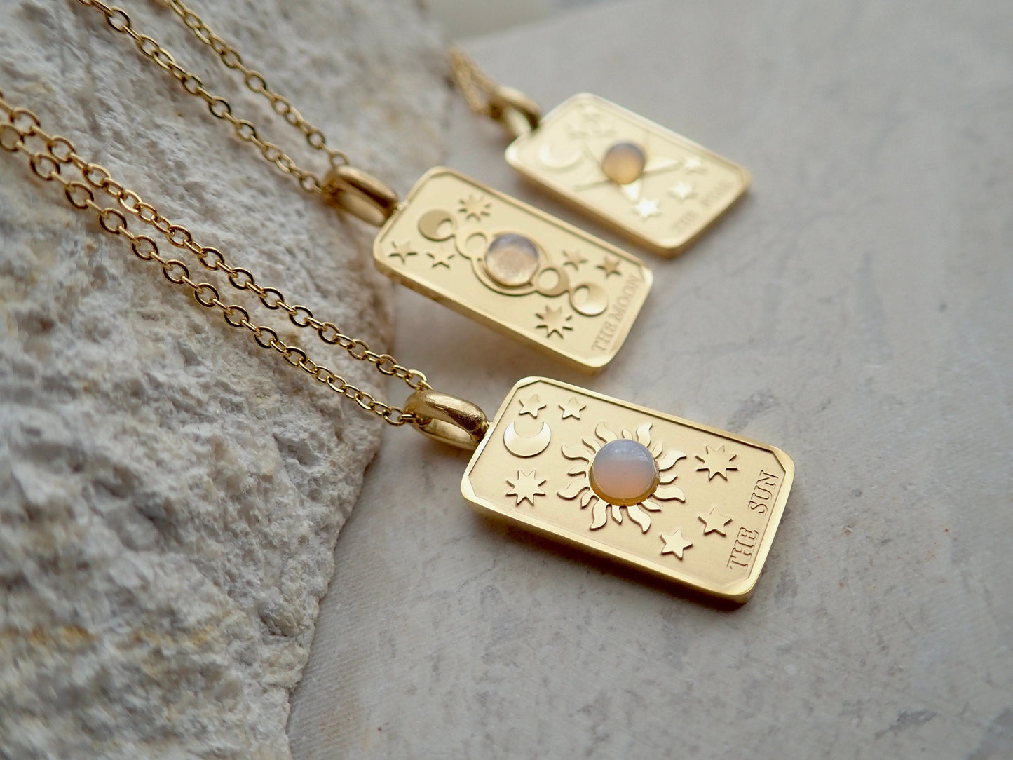 Waterproof Tarot Card Necklace – 18k Gold Fill with Opal Accent, Choose Sun, Moon, or World Pendant