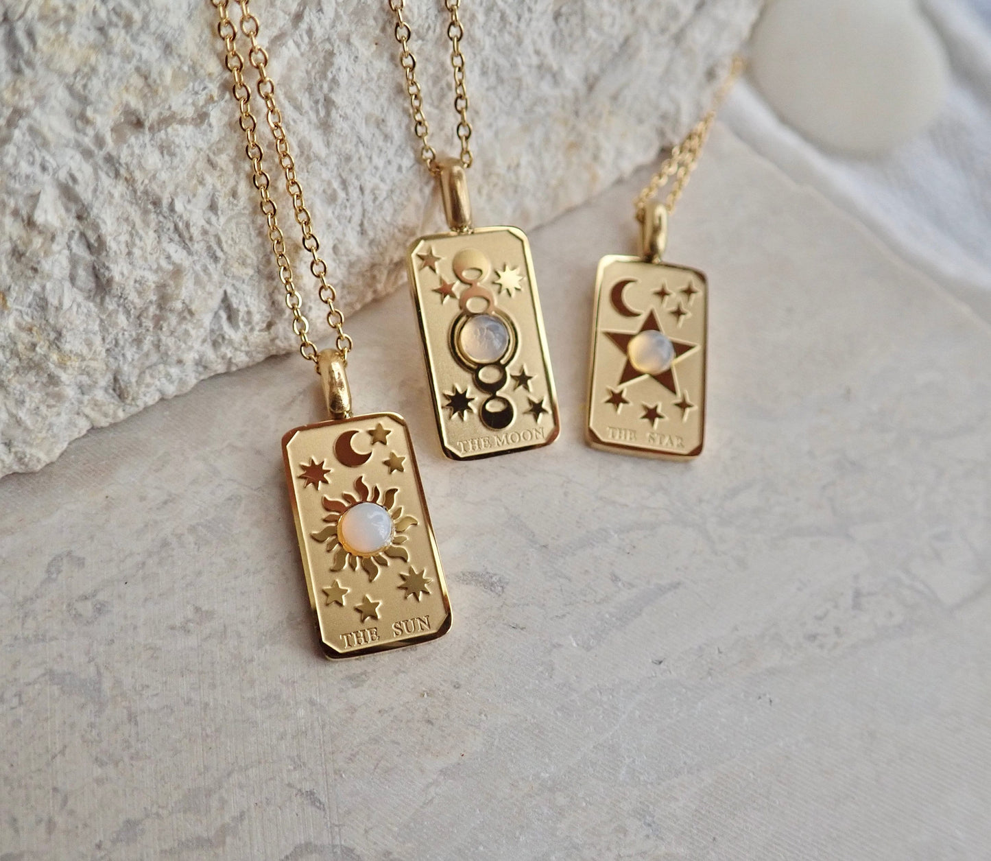 Waterproof Tarot Card Necklace – 18k Gold Fill with Opal Accent, Choose Sun, Moon, or World Pendant