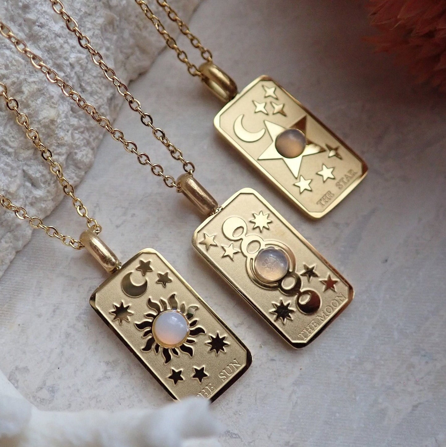 Waterproof Tarot Card Necklace – 18k Gold Fill with Opal Accent, Choose Sun, Moon, or World Pendant