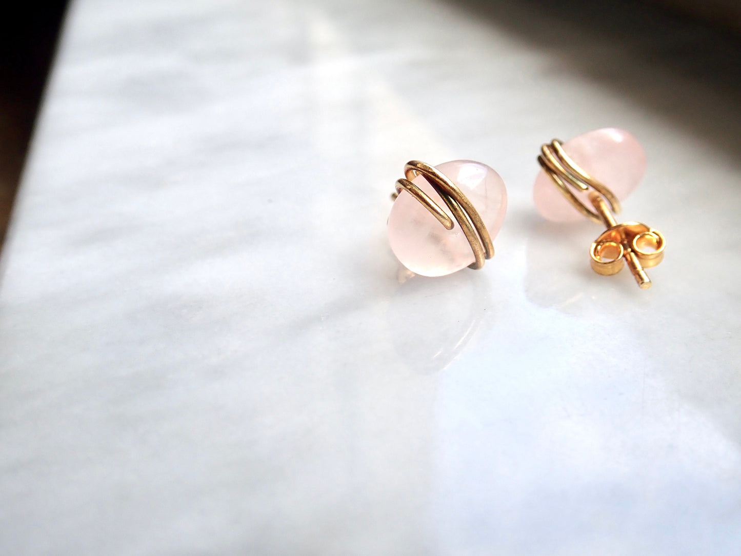 Rose Quartz Stud Earrings | Wire Wrapped Gemstone Earrings, Pink Crystal Post Earrings, Rose Quartz Jewelry, January Birthstone Gift for Her