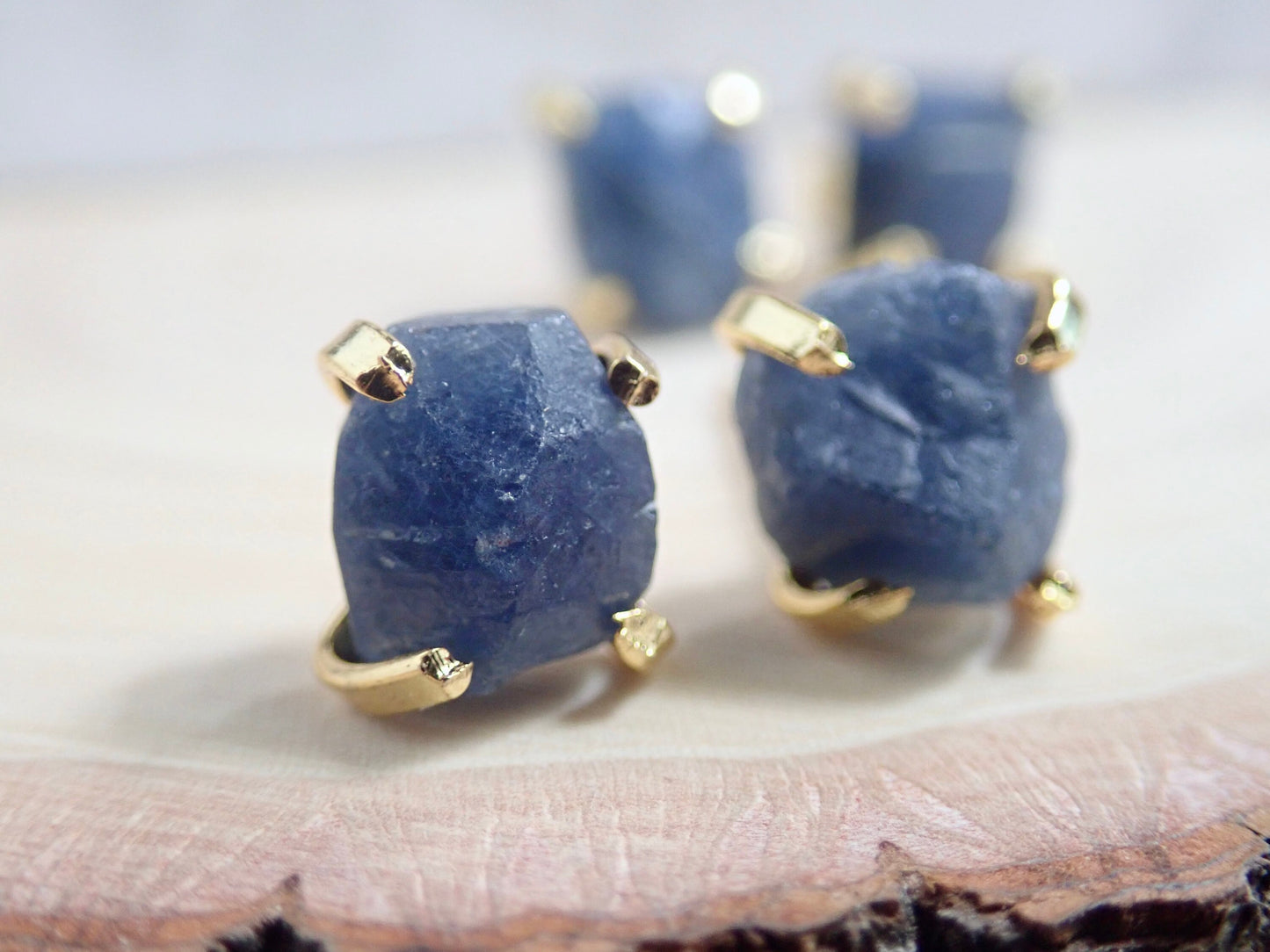Raw Sapphire Prong Set Earrings – 14k Gold Plated, Natural Gemstone Studs