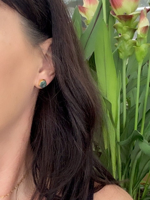 Raw Emerald Stud Earrings | May Birthstone Earrings Her | Gold Vermeil Hypo-Allergenic Gemstone Studs