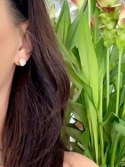 Natural Raw Gemstone Earrings – Moonstone 14k Gold Electroplated Studs