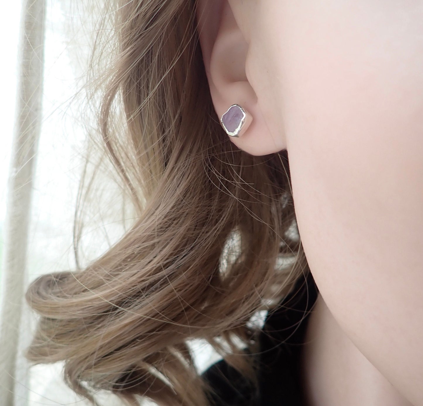Raw Amethyst Gemstone Earrings – 14k Gold or Sterling Silver Stud Setting - February Birthstone Gift