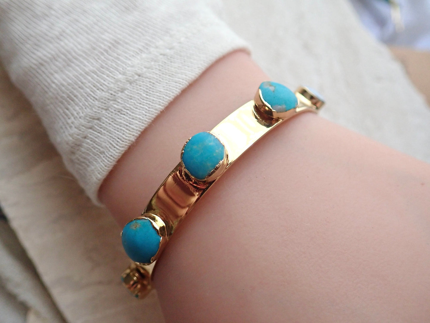 Turquoise and Gold Cuff Bracelet – 14k Gold Plated Open Cuff with Six Genuine Turquoise Stones