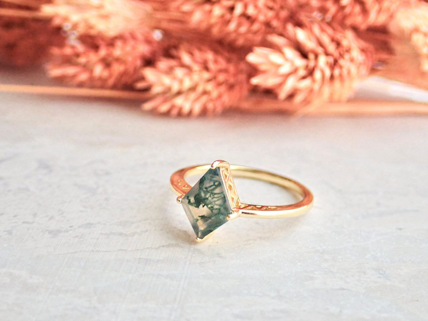 Moss Agate Ring - Kite Shape Gemstone Ring - Gold Vermeil Crystal Ring Gold