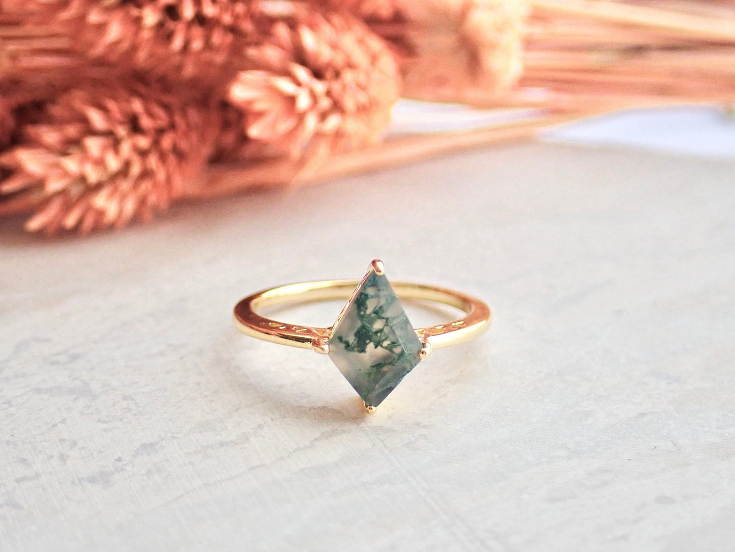 Moss Agate Ring - Kite Shape Gemstone Ring - Gold Vermeil Crystal Ring Gold