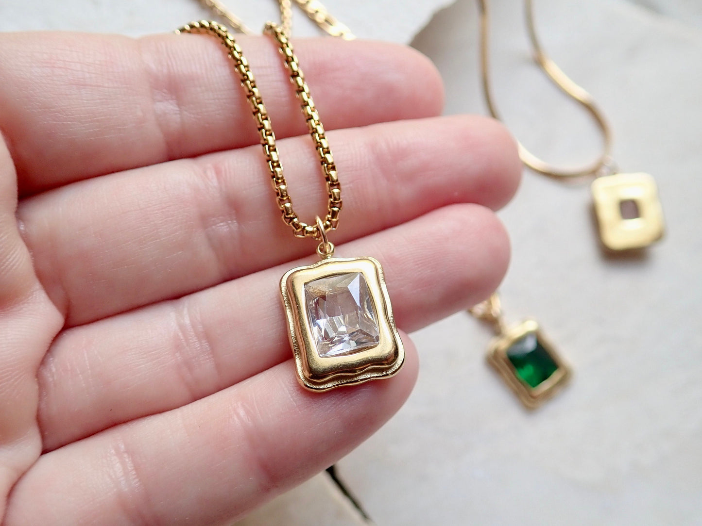 Gemstone Pendant Necklace WATERPROOF Jewelry, Minimalist Gemstone Statement Necklace, Layering Crystal Necklace, Rectangle Stone Pendant