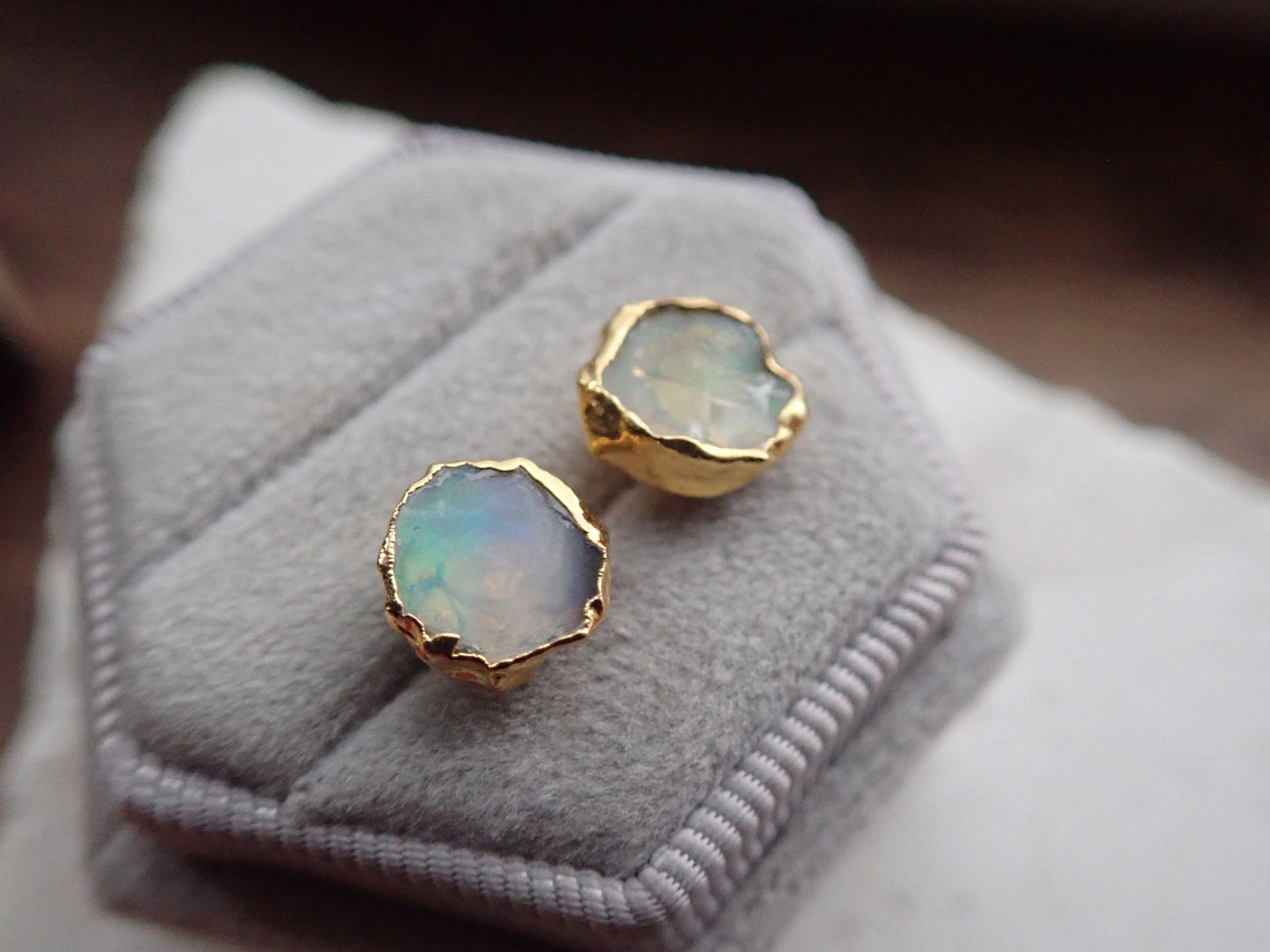 Raw Fire Opal Stud Earrings – 14k Gold Electroplated Sterling Silver – Genuine October Birthstone – Hypoallergenic Gold Posts – Handmade Gift for Her