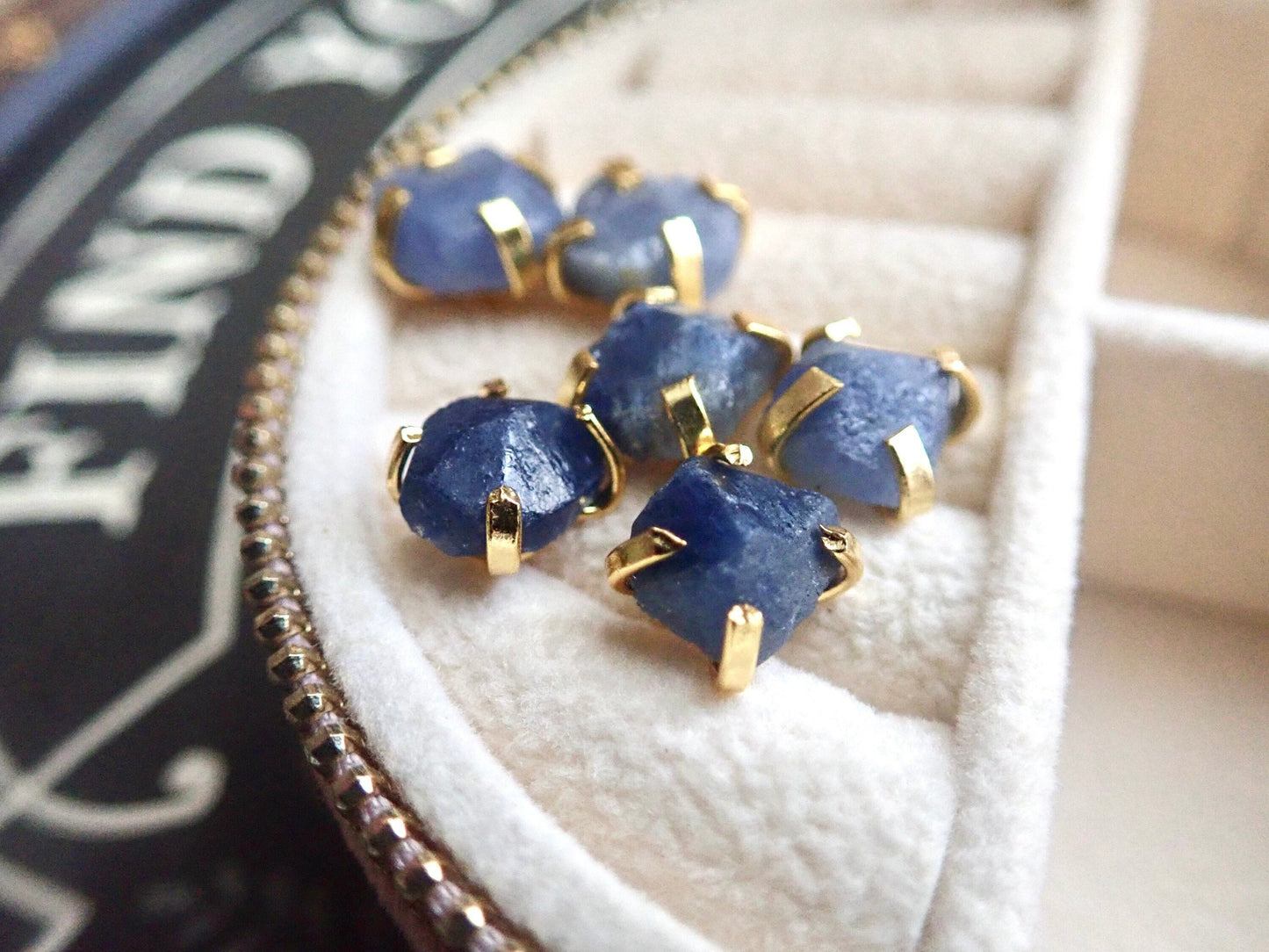Raw Sapphire Prong Set Earrings – 14k Gold Plated, Natural Gemstone Studs