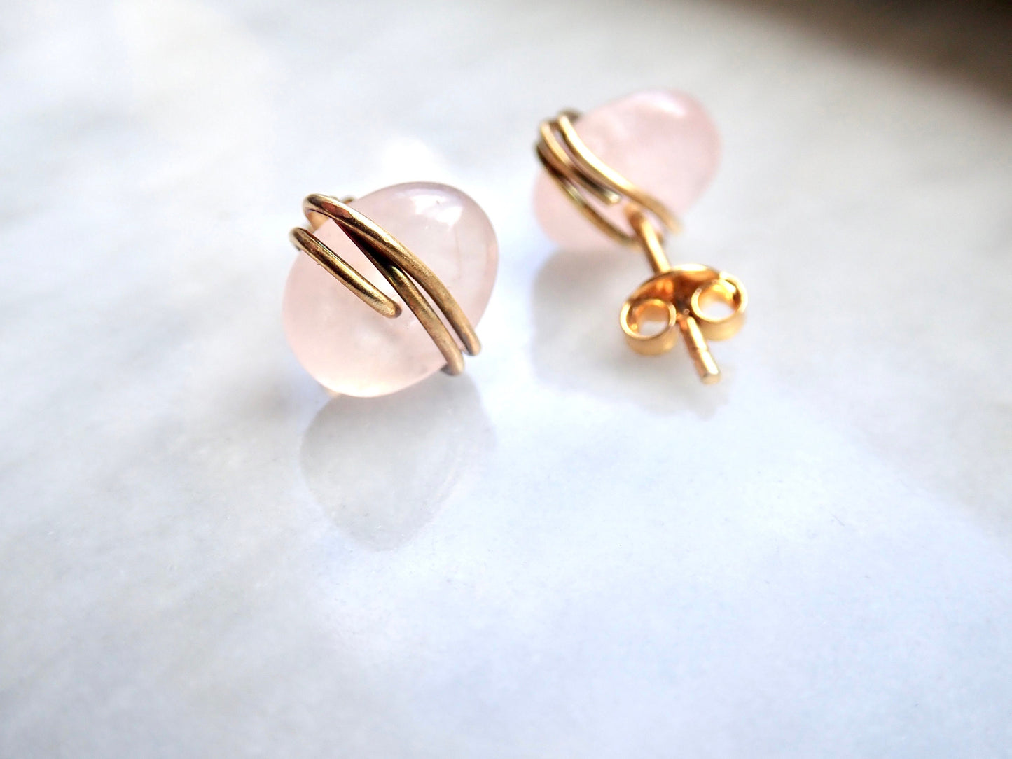 Rose Quartz Stud Earrings | Wire Wrapped Gemstone Earrings, Pink Crystal Post Earrings, Rose Quartz Jewelry, January Birthstone Gift for Her