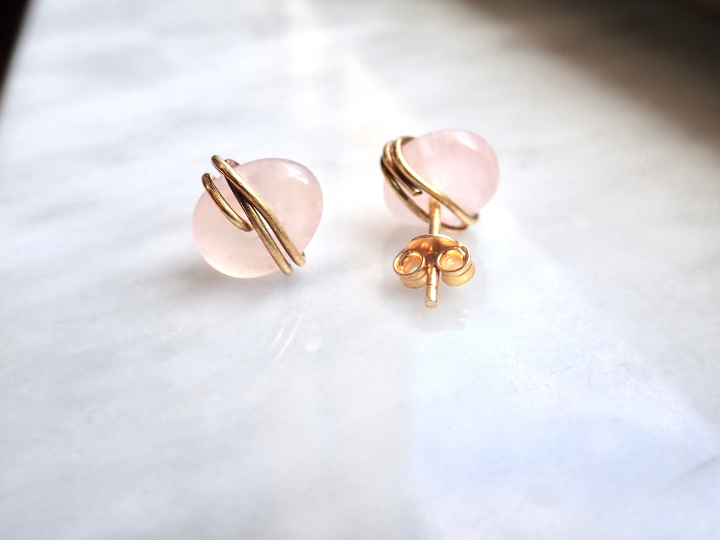 Rose Quartz Stud Earrings | Wire Wrapped Gemstone Earrings, Pink Crystal Post Earrings, Rose Quartz Jewelry, January Birthstone Gift for Her