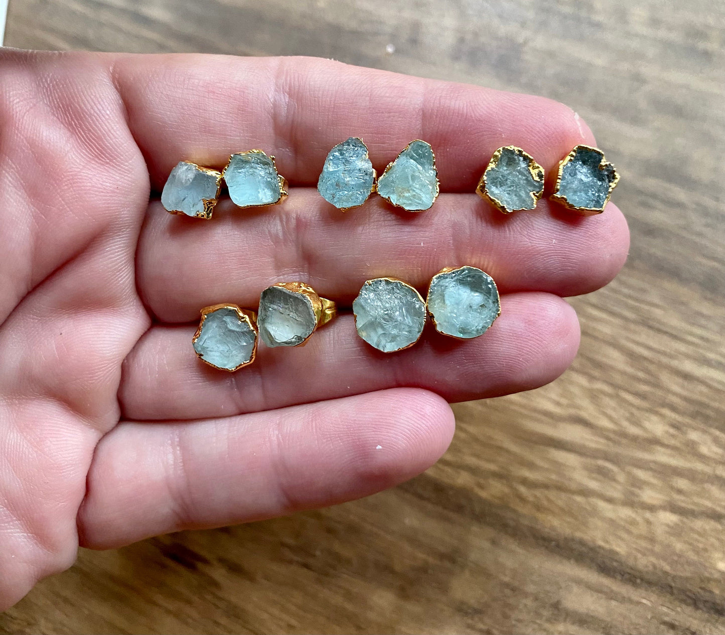Raw Aquamarine Stud Earrings – 14k Gold Plated over Sterling Silver | March Birthstone