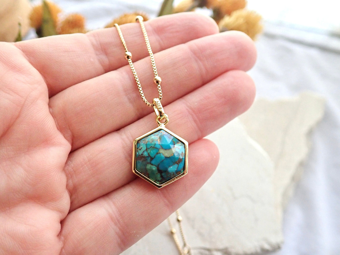 Turquoise Pendant Necklace -14k Gold Vermeil Turquoise Necklace, Hexagon Gemstone Necklace,December Birthstone