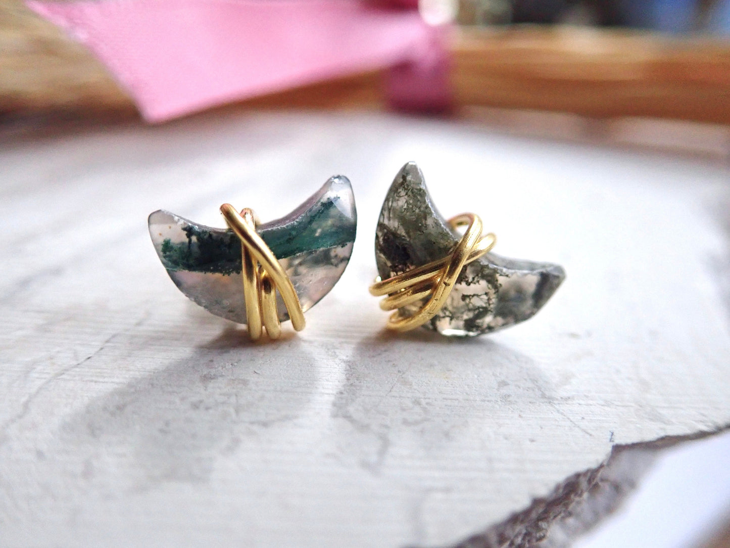 Crescent Moon Moss Agate Stud Earrings – Wire Wrapped in 14k Gold Fill or Sterling Silver, Handmade Crystal Jewelry