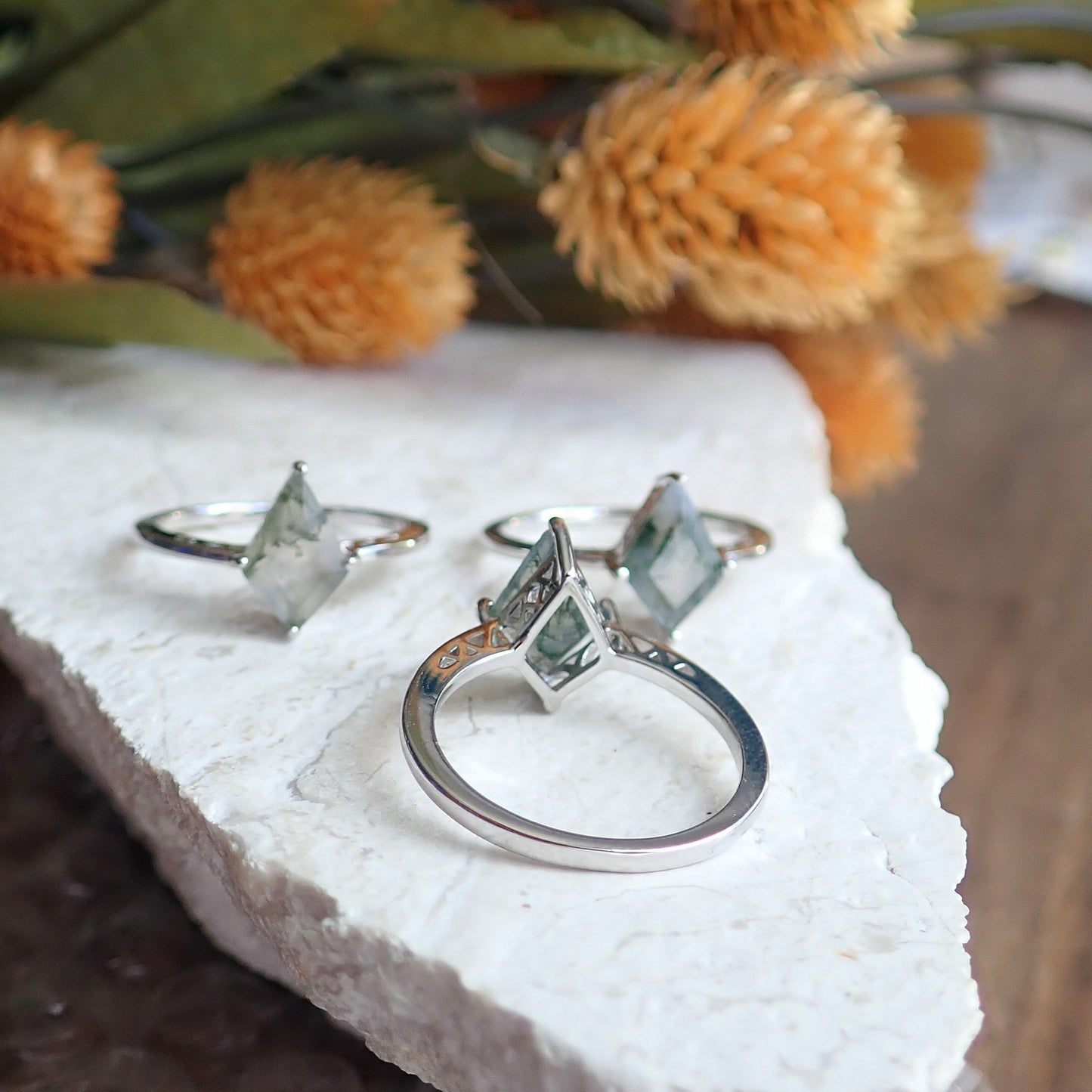 Moss Agate Solitaire Ring Silver - Kite Shaped Gemstone - Engagement Promise Anniversary Ring for Women