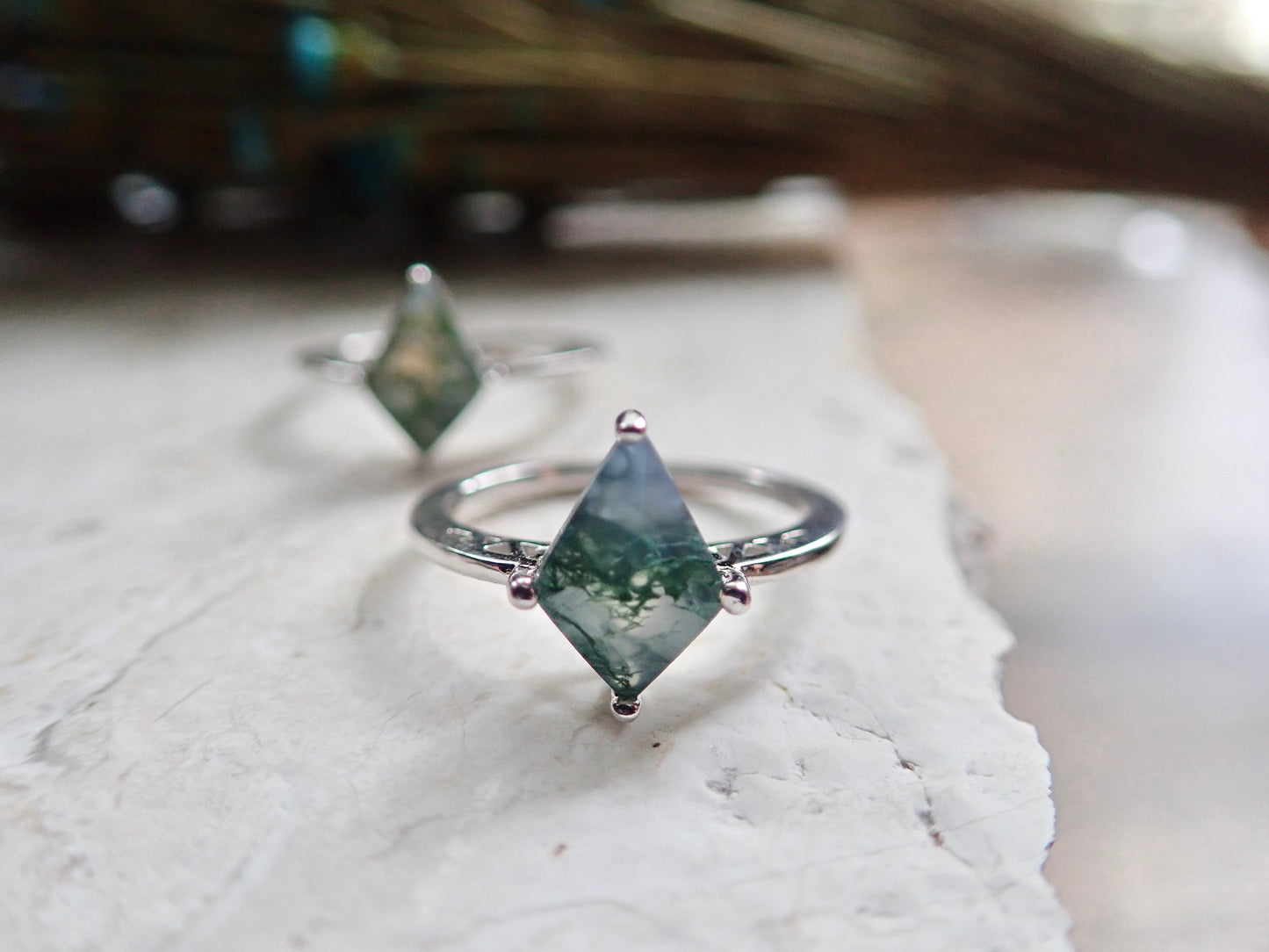 Moss Agate Solitaire Ring Silver - Kite Shaped Gemstone - Engagement Promise Anniversary Ring for Women