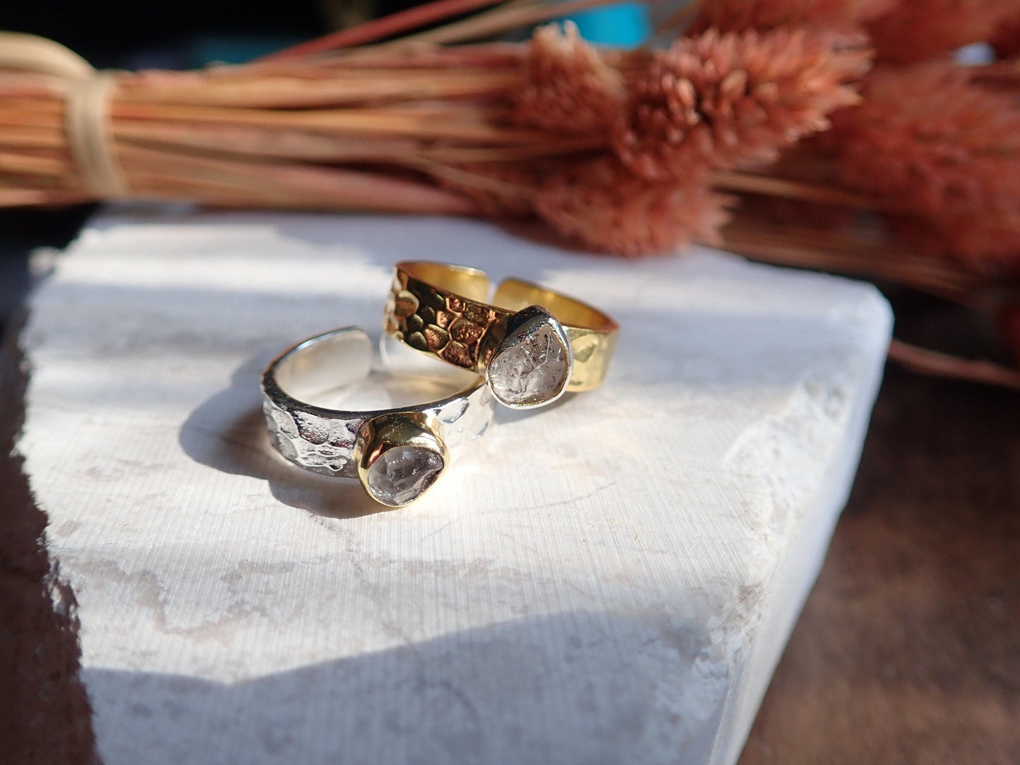 Hammered Silver Herkimer Diamond Ring -Wide Band Gemstone Ring ,April Birthstone Gift
