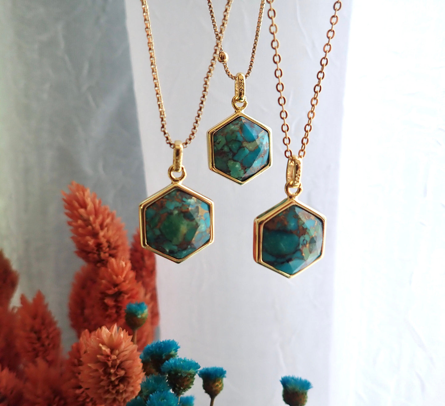 Turquoise Pendant Necklace -14k Gold Vermeil Turquoise Necklace, Hexagon Gemstone Necklace,December Birthstone