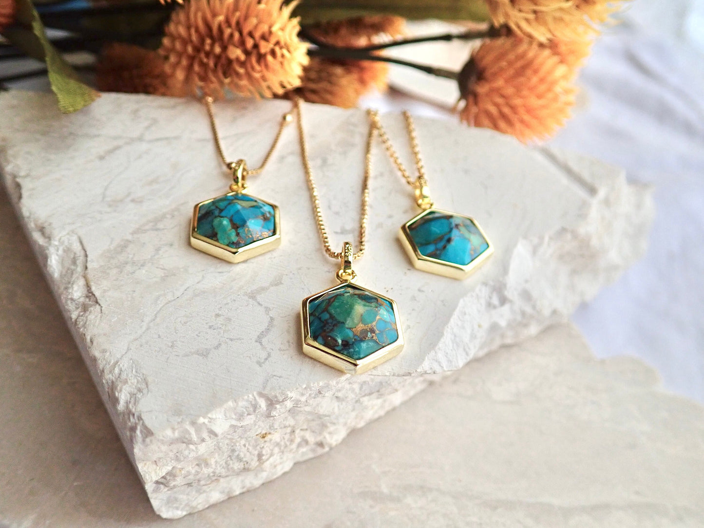 Turquoise Pendant Necklace -14k Gold Vermeil Turquoise Necklace, Hexagon Gemstone Necklace,December Birthstone