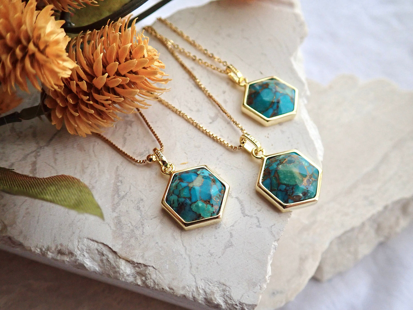 Turquoise Pendant Necklace -14k Gold Vermeil Turquoise Necklace, Hexagon Gemstone Necklace,December Birthstone