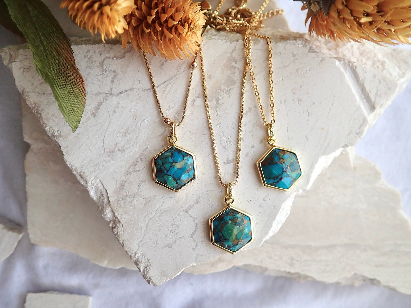 Turquoise Pendant Necklace -14k Gold Vermeil Turquoise Necklace, Hexagon Gemstone Necklace,December Birthstone