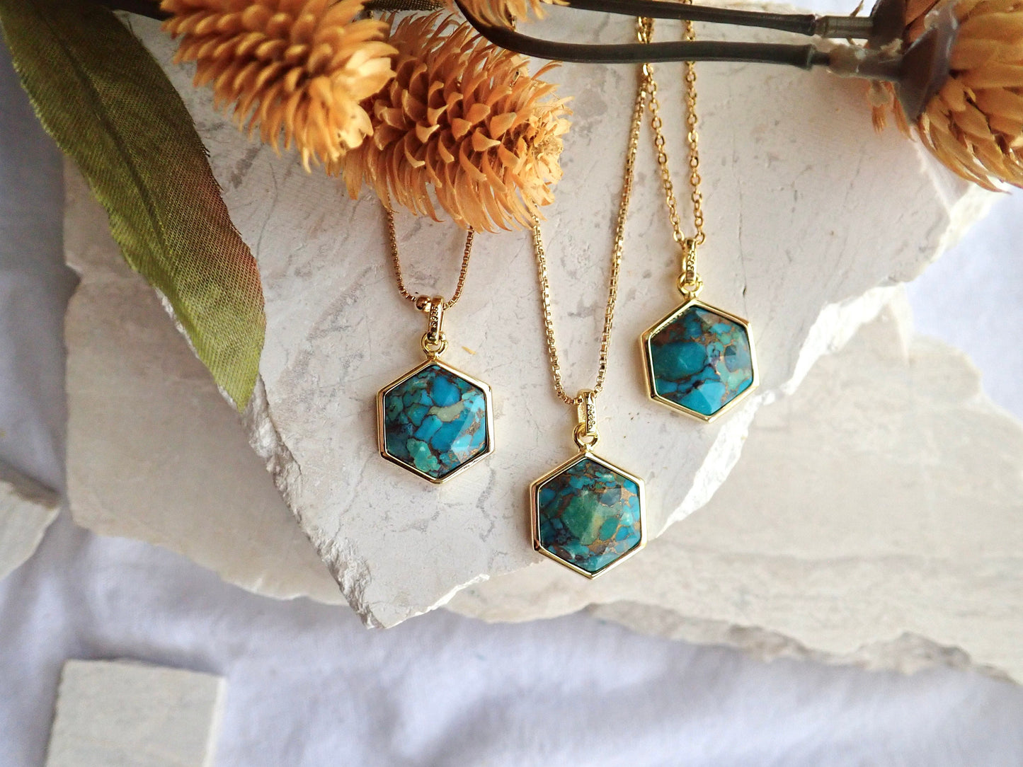 Turquoise Pendant Necklace -14k Gold Vermeil Turquoise Necklace, Hexagon Gemstone Necklace,December Birthstone