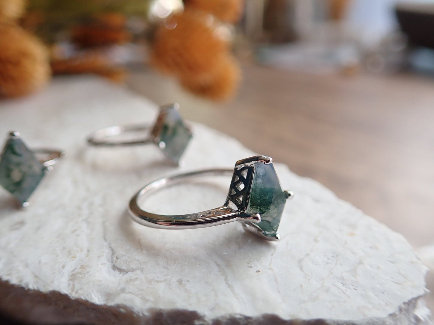 Moss Agate Solitaire Ring Silver - Kite Shaped Gemstone - Engagement Promise Anniversary Ring for Women