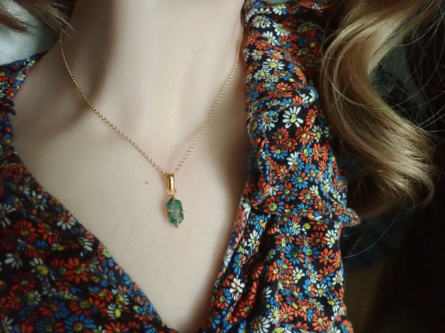 Moss Agate Necklace Silver Fill - Dainty Gemstone Necklace - Hexagon Crystal Pendant