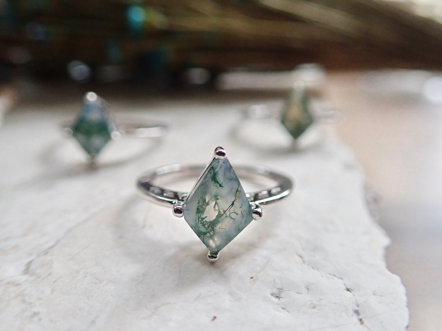 Moss Agate Solitaire Ring Silver - Kite Shaped Gemstone - Engagement Promise Anniversary Ring for Women