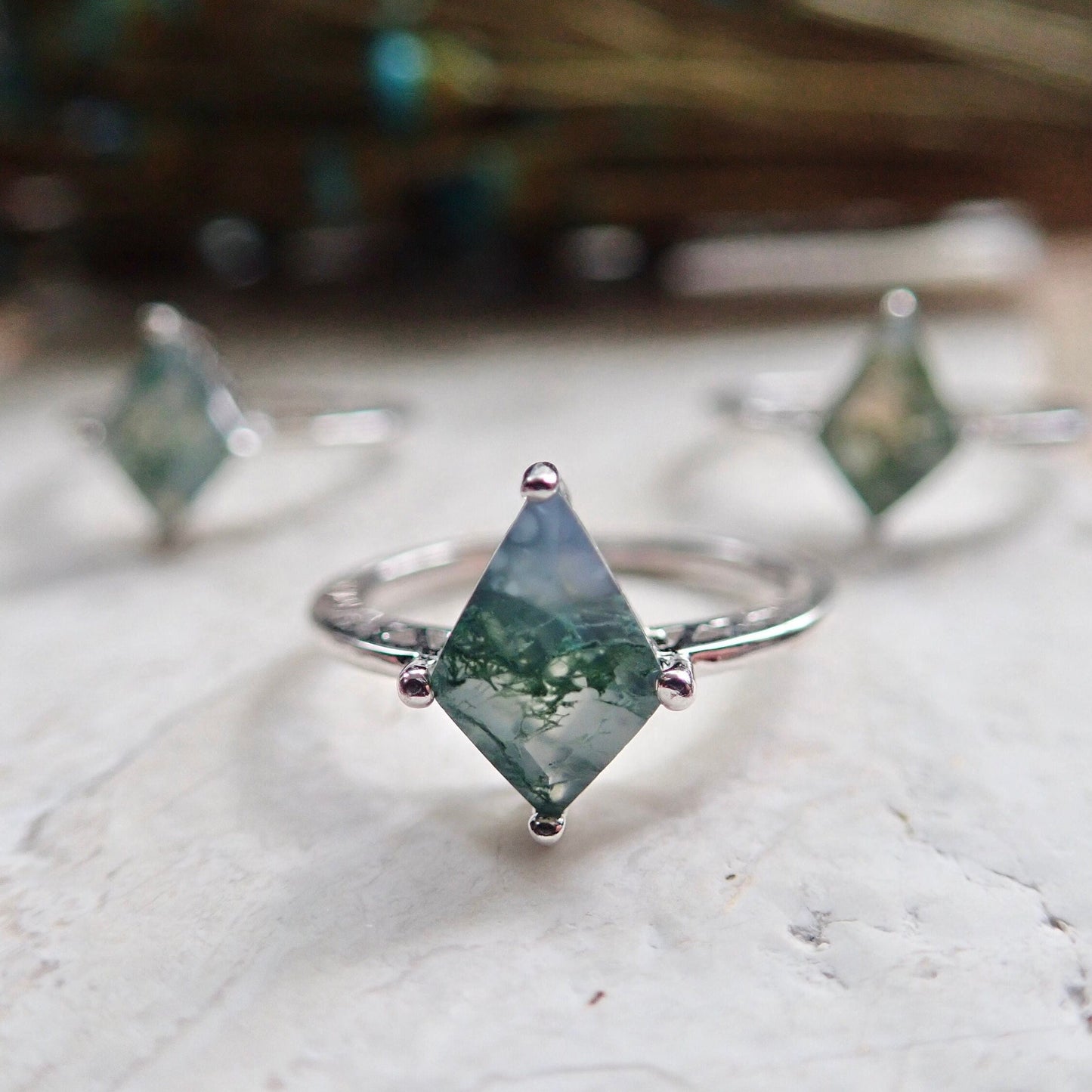 Moss Agate Solitaire Ring Silver - Kite Shaped Gemstone - Engagement Promise Anniversary Ring for Women