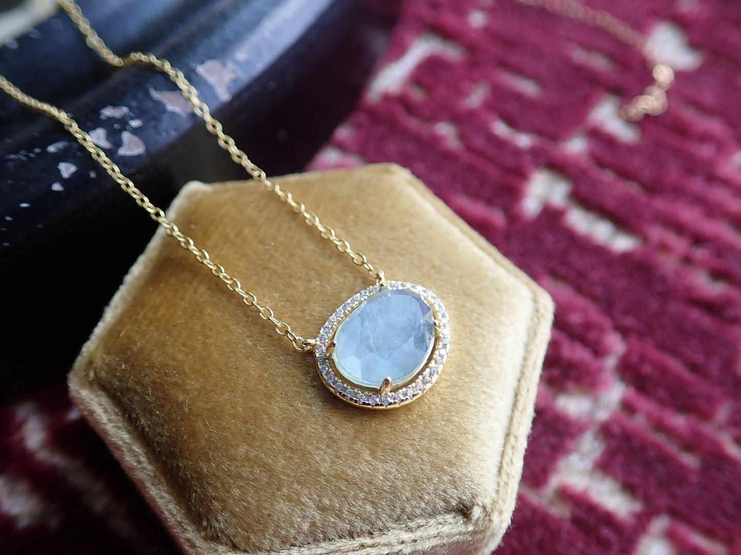 Aquamarine Pendant Necklace with Pave Crystal Setting – Elegant Gold or Silver March Birthstone Jewelry