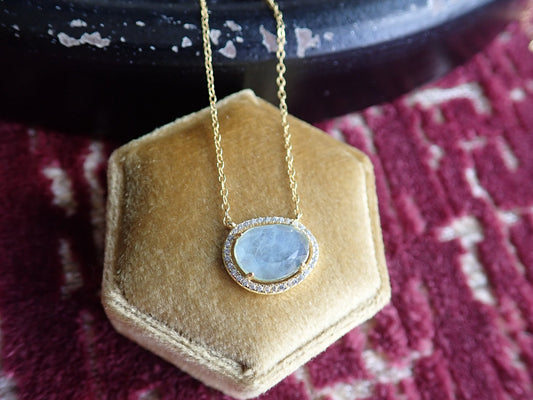 Aquamarine Pendant Necklace with Pave Crystal Setting – Elegant Gold or Silver March Birthstone Jewelry