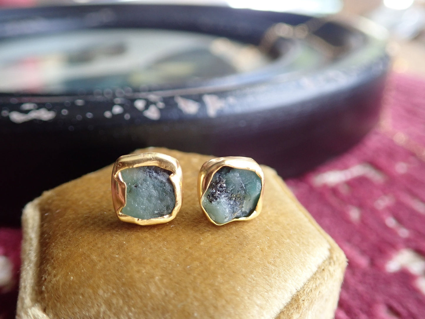Raw Emerald Stud Earrings | May Birthstone Earrings Her | Gold Vermeil Hypo-Allergenic Gemstone Studs