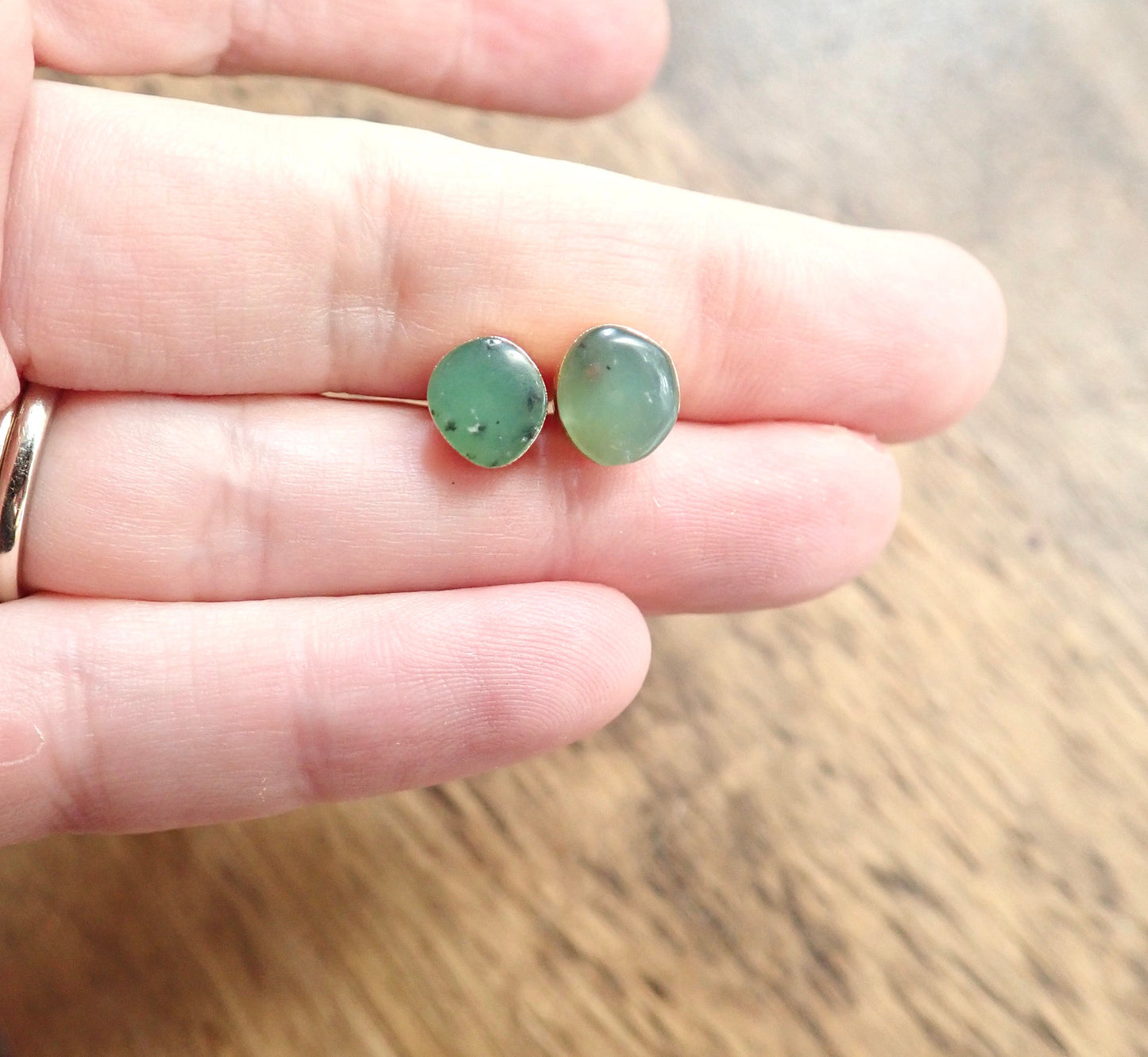 Green Chrysoprase Earrings – 14K Gold Electroplated Gemstone Stud Earrings – Handmade Gift for Her